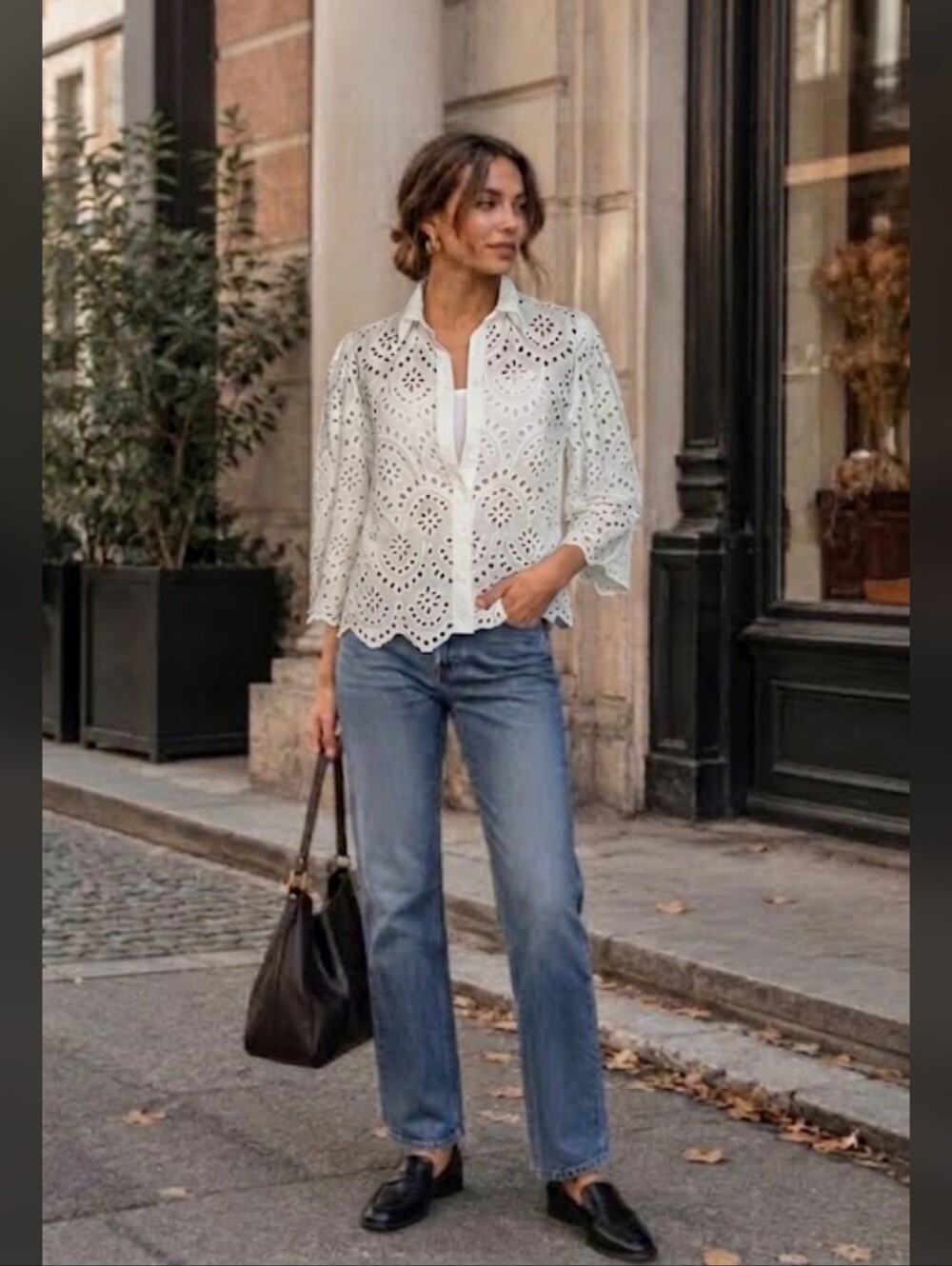 Melanie Lyne White Eyelet Embroidered Cotton Blouse Scalloped 3/4 Sleeve Sz 8